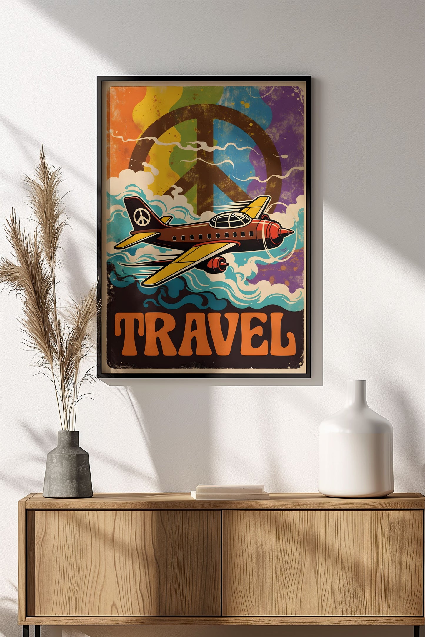 Peace Travel Poster - Retro Hippie Airplane Art