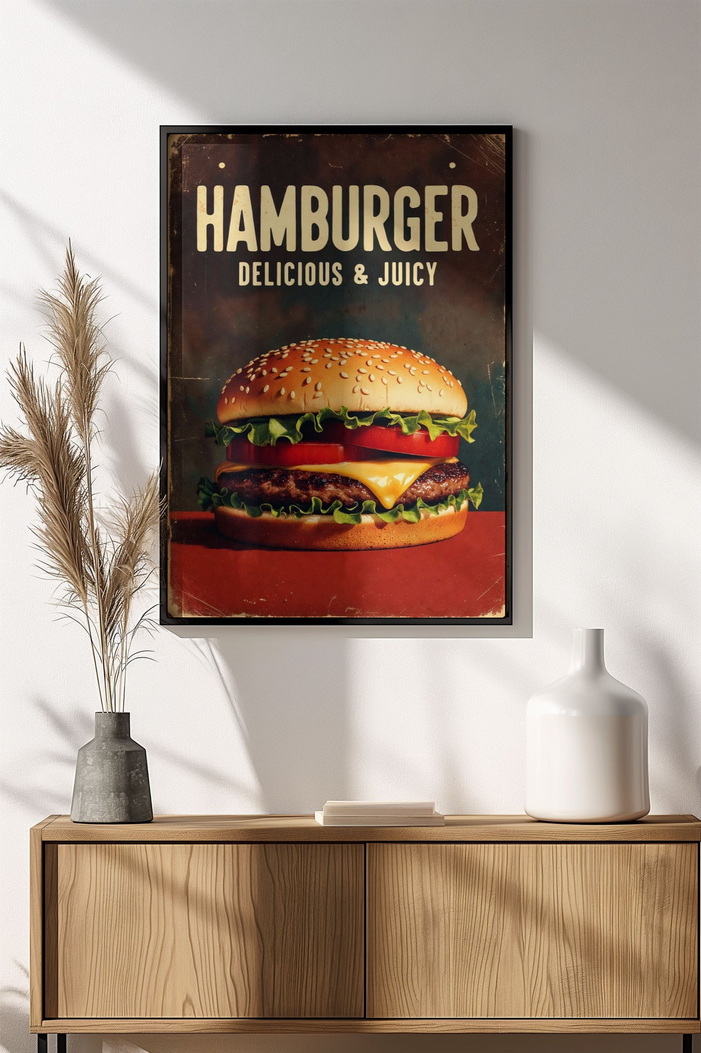 Delicious & Juicy Hamburger - Retro Vintage Kitchen Poster
