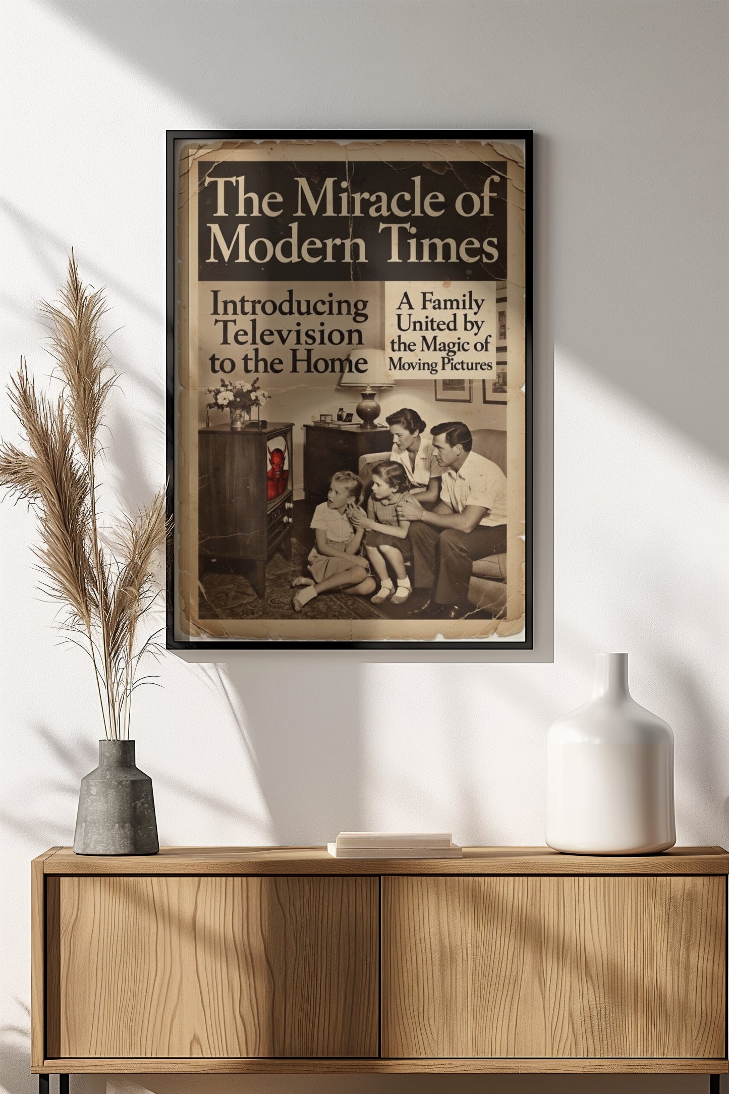 The Miracle of Modern Times Poster – Retro TV Devil Family Art