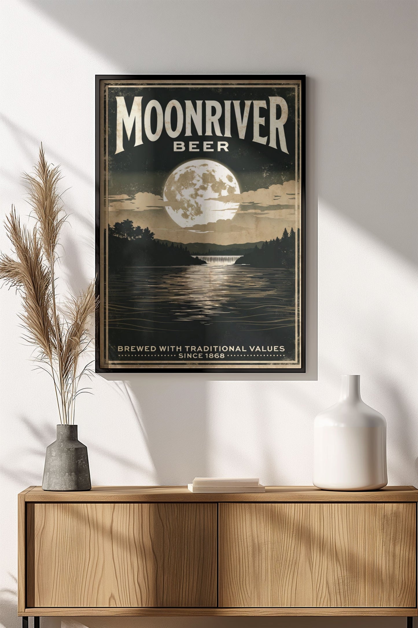 Moonriver Beer Poster – Retro Moonlit River Vintage Art