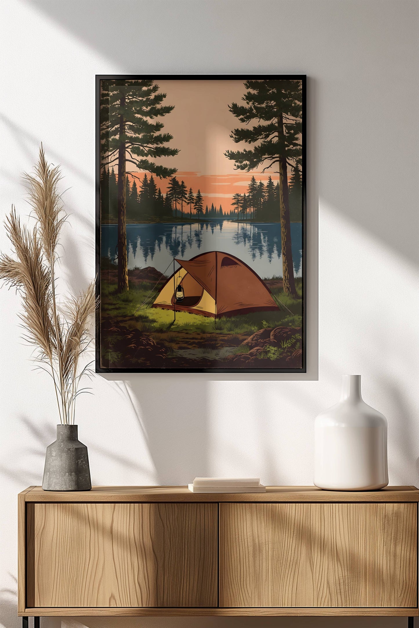 Camping by the Lake Poster - Retro Wilderness Sunset Art