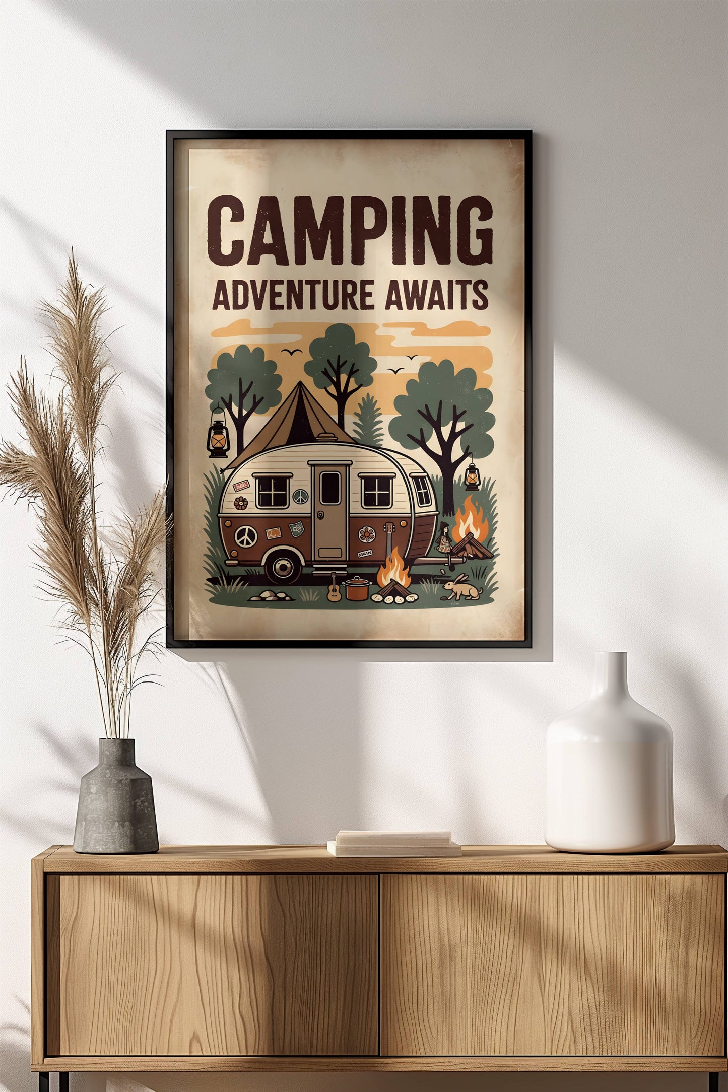 Camping Adventure Awaits Poster - Retro Hippie Camp Art