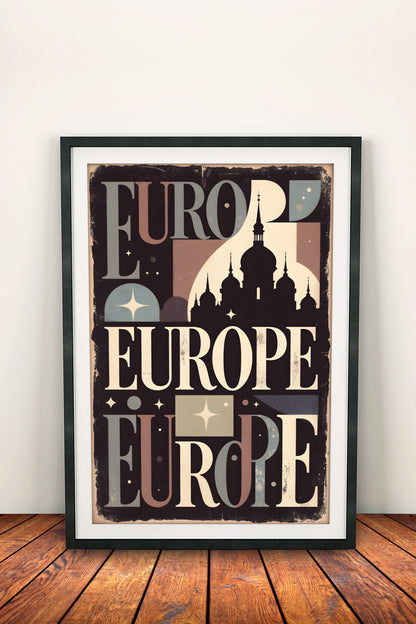 Europe Travel Poster - Retro Typographic Cityscape Art