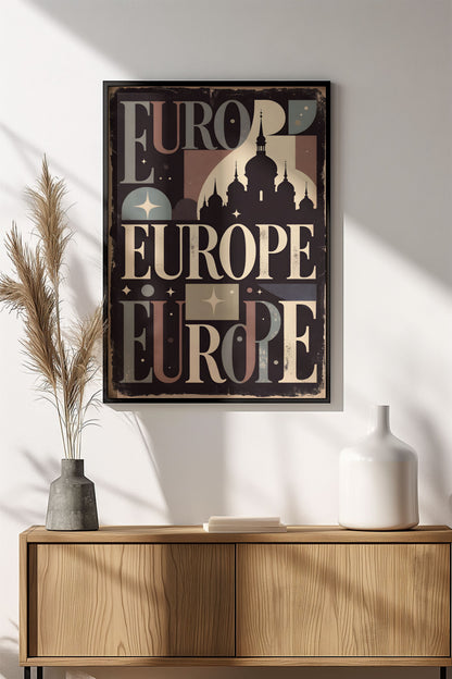 Europe Travel Poster - Retro Typographic Cityscape Art