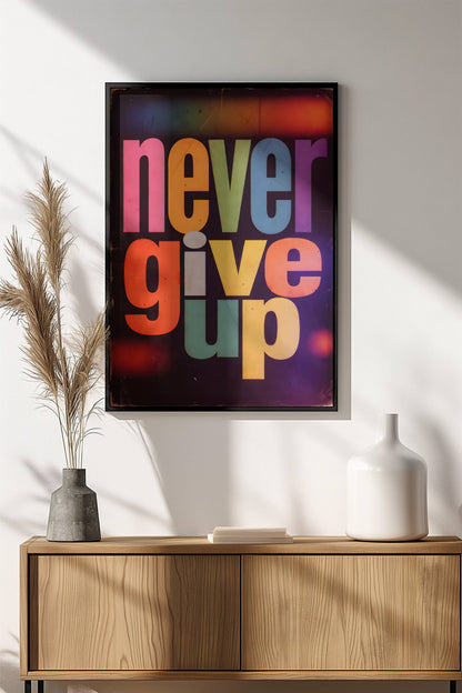 Never Give Up Poster - Retro Motivational Rainbow Art