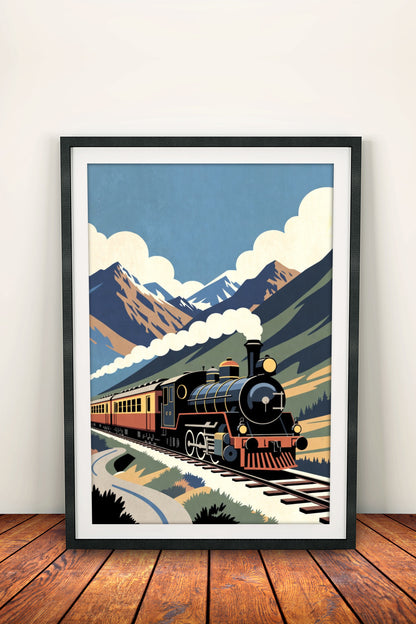 Vintage Steam Train in Mountains - Retro Travel Poster