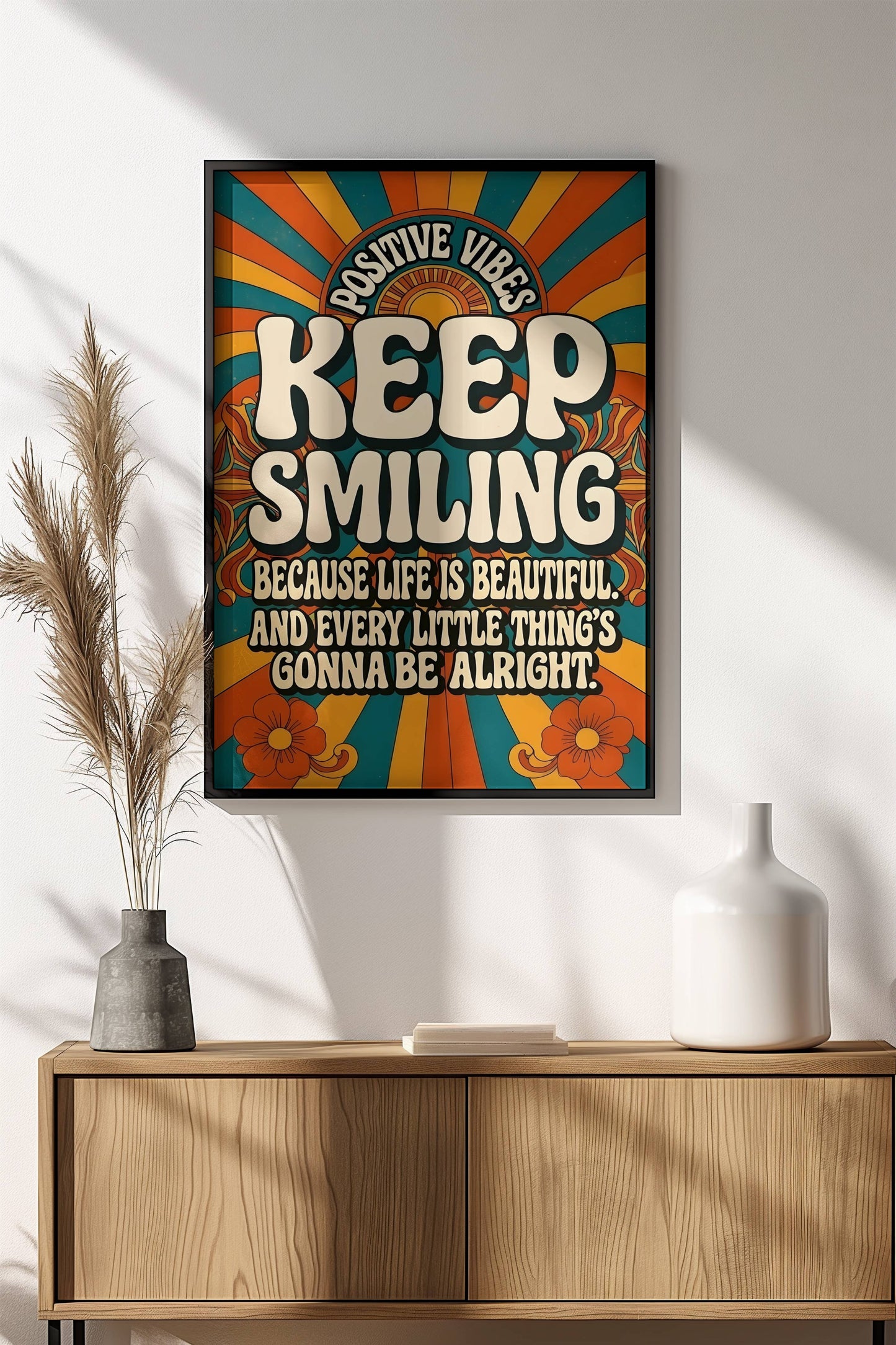 Keep Smiling Positive Vibes Poster - Retro Groovy Sunshine Art