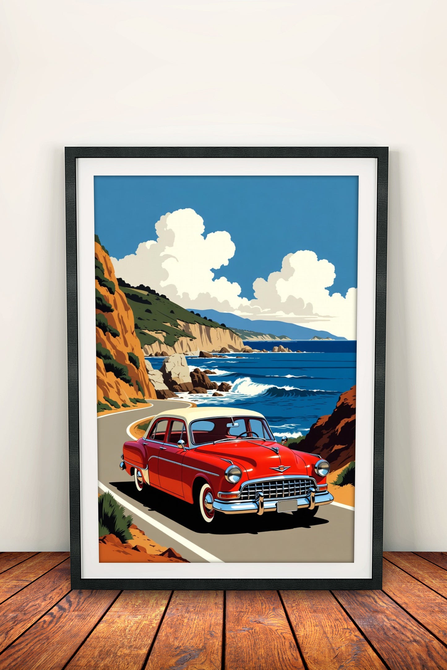 Retro Coastal Drive Poster - Vintage Red Car Ocean View Art