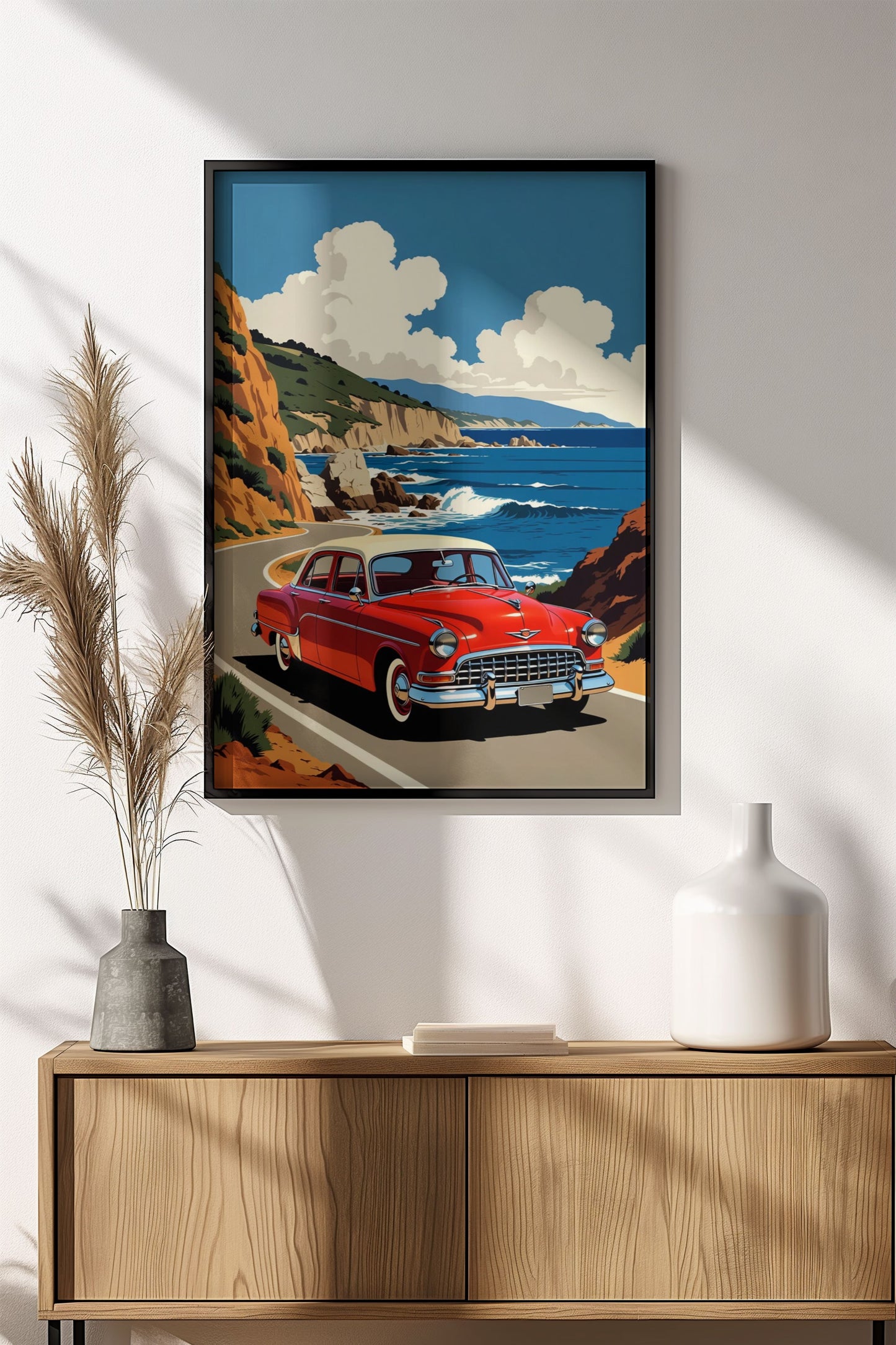 Retro Coastal Drive Poster - Vintage Red Car Ocean View Art