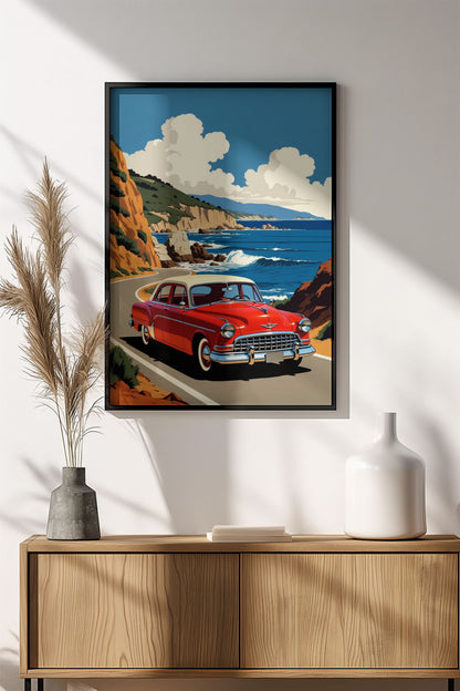 Retro Coastal Drive Poster - Vintage Red Car Ocean View Art