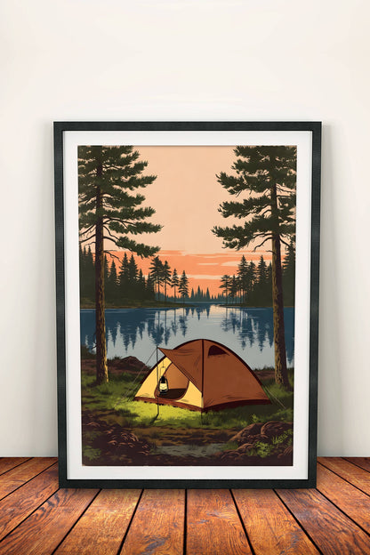 Camping by the Lake Poster - Retro Wilderness Sunset Art