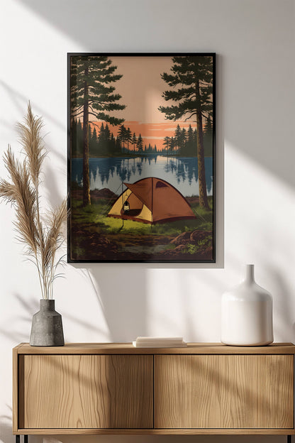 Camping by the Lake Poster - Retro Wilderness Sunset Art