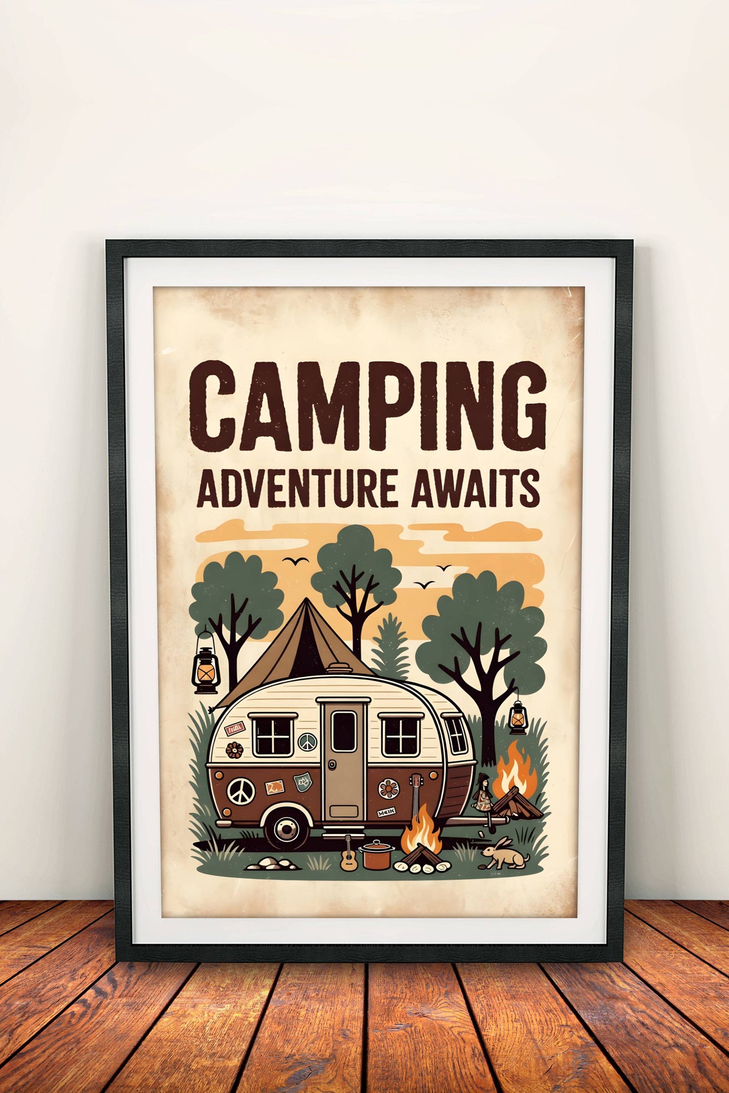 Camping Adventure Awaits Poster - Retro Hippie Camp Art
