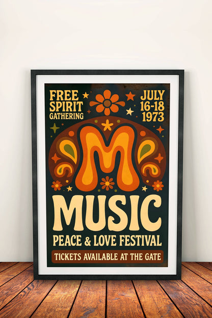 Peace & Love Music Festival 1973 Poster - Retro Free Spirit Gathering Art