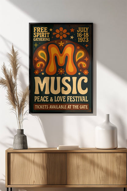 Peace & Love Music Festival 1973 Poster - Retro Free Spirit Gathering Art
