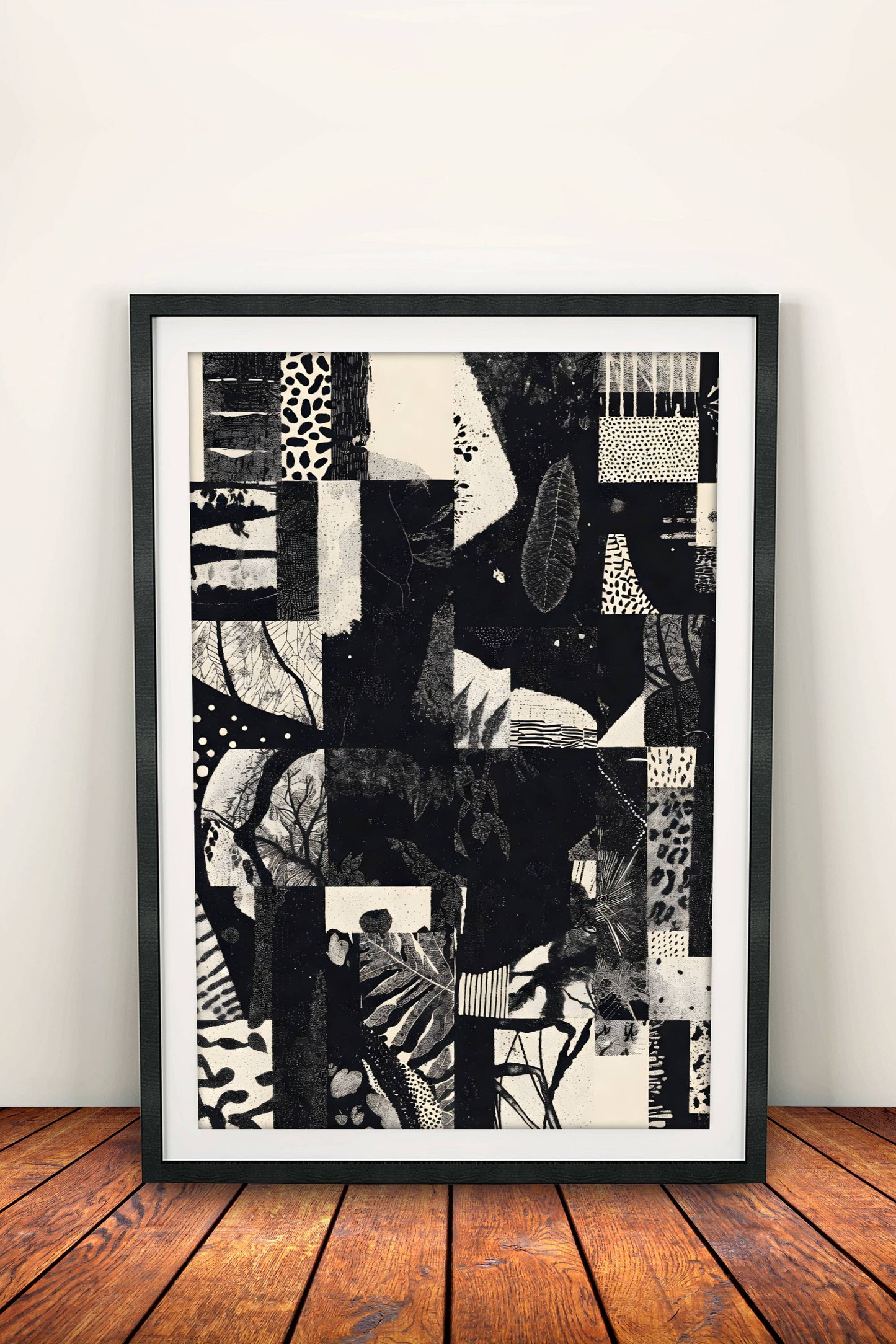 Abstract Jungle Collage Poster - Retro Monochrome Nature Art