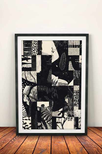 Abstract Jungle Collage Poster - Retro Monochrome Nature Art
