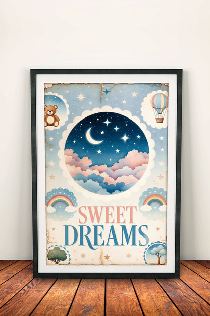 Sweet Dreams Poster - Retro Whimsical Night Sky Art